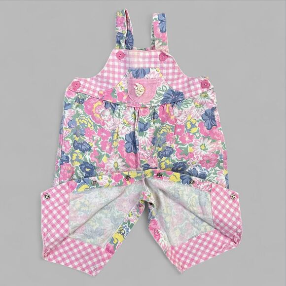 Vintage Baby Overalls Floral Pink Checkered Cotton Jumper 80s 90s Size 6-9 mo - Picture 2 of 6